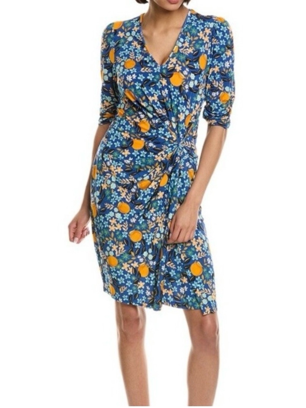 Hale Bob Citrus Floral Faux Wrap Midi Dress Blue Orange Smal Vacation Resortwear